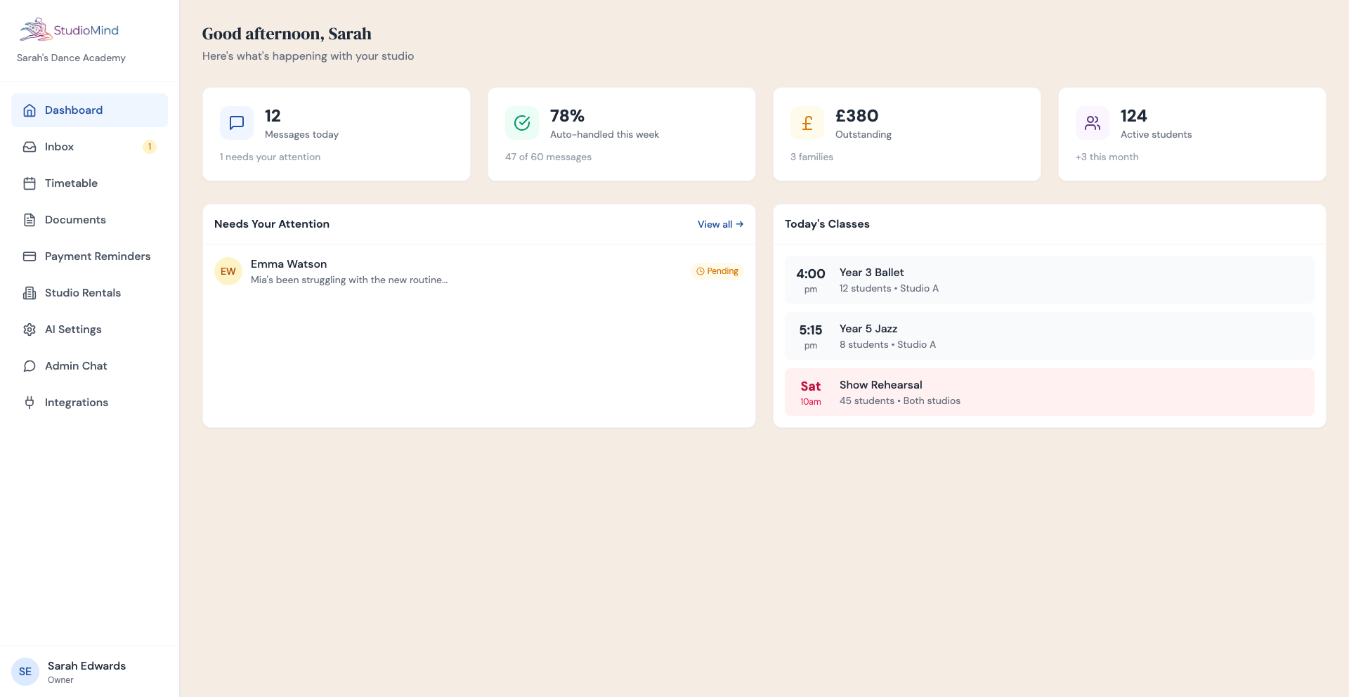 StudioMind Dashboard showing studio metrics and today's classes