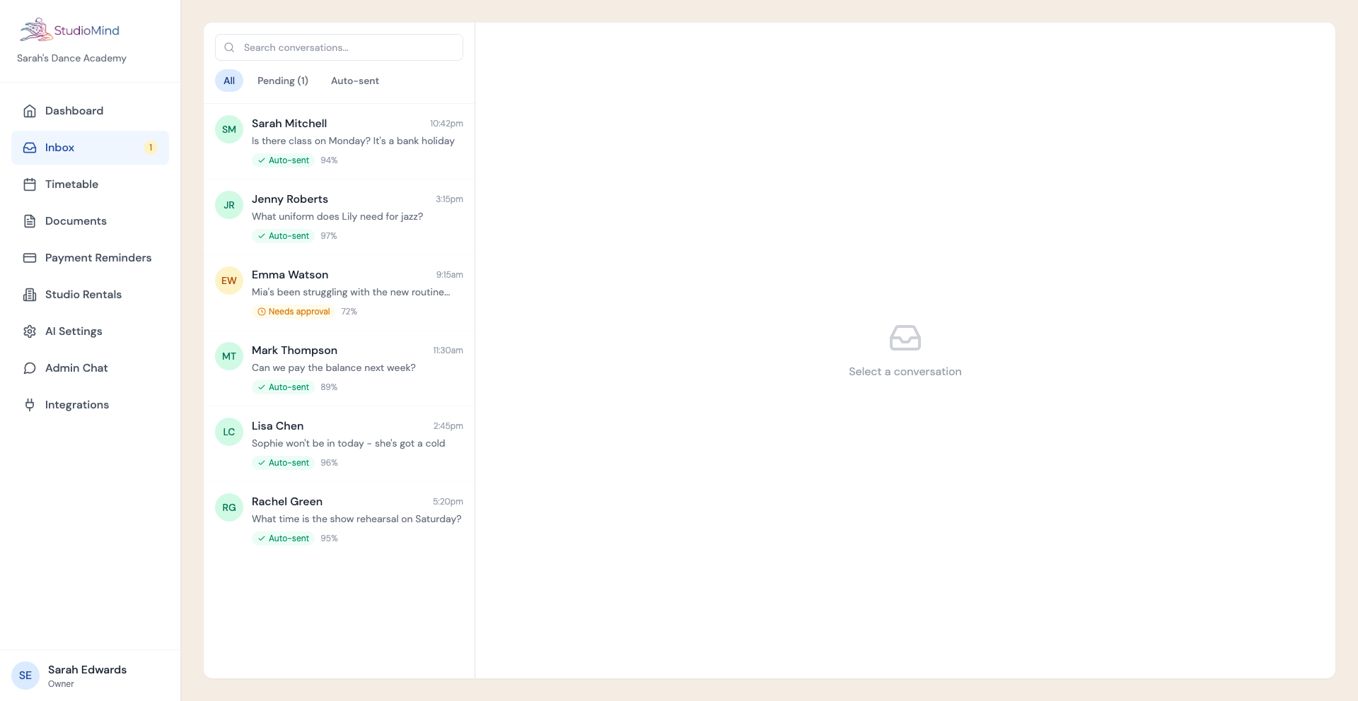 StudioMind Inbox showing auto-handled parent messages